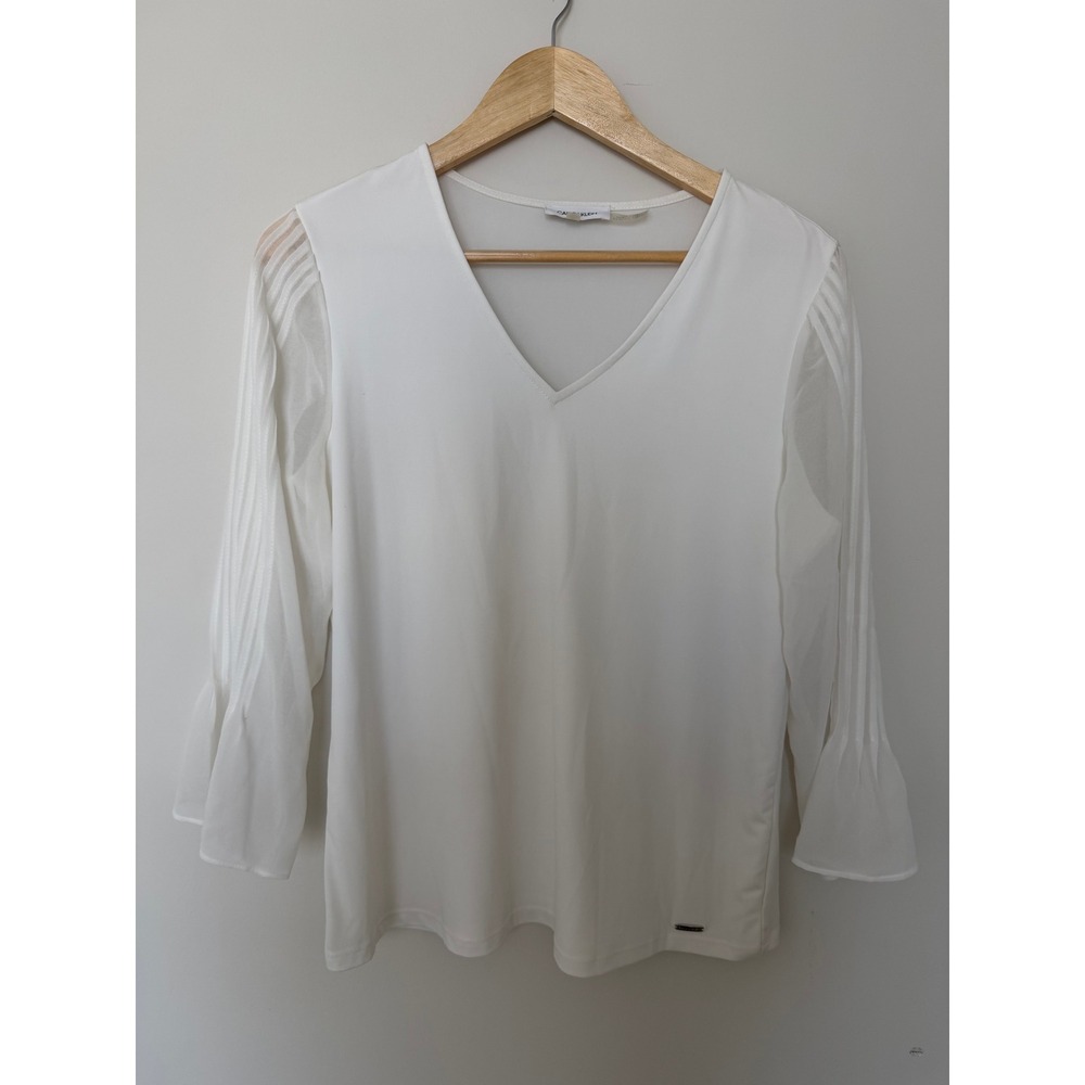 Calvin Klein Blouse Womens S Sheer Pleated Sleeve V-Neck White Top Excellent